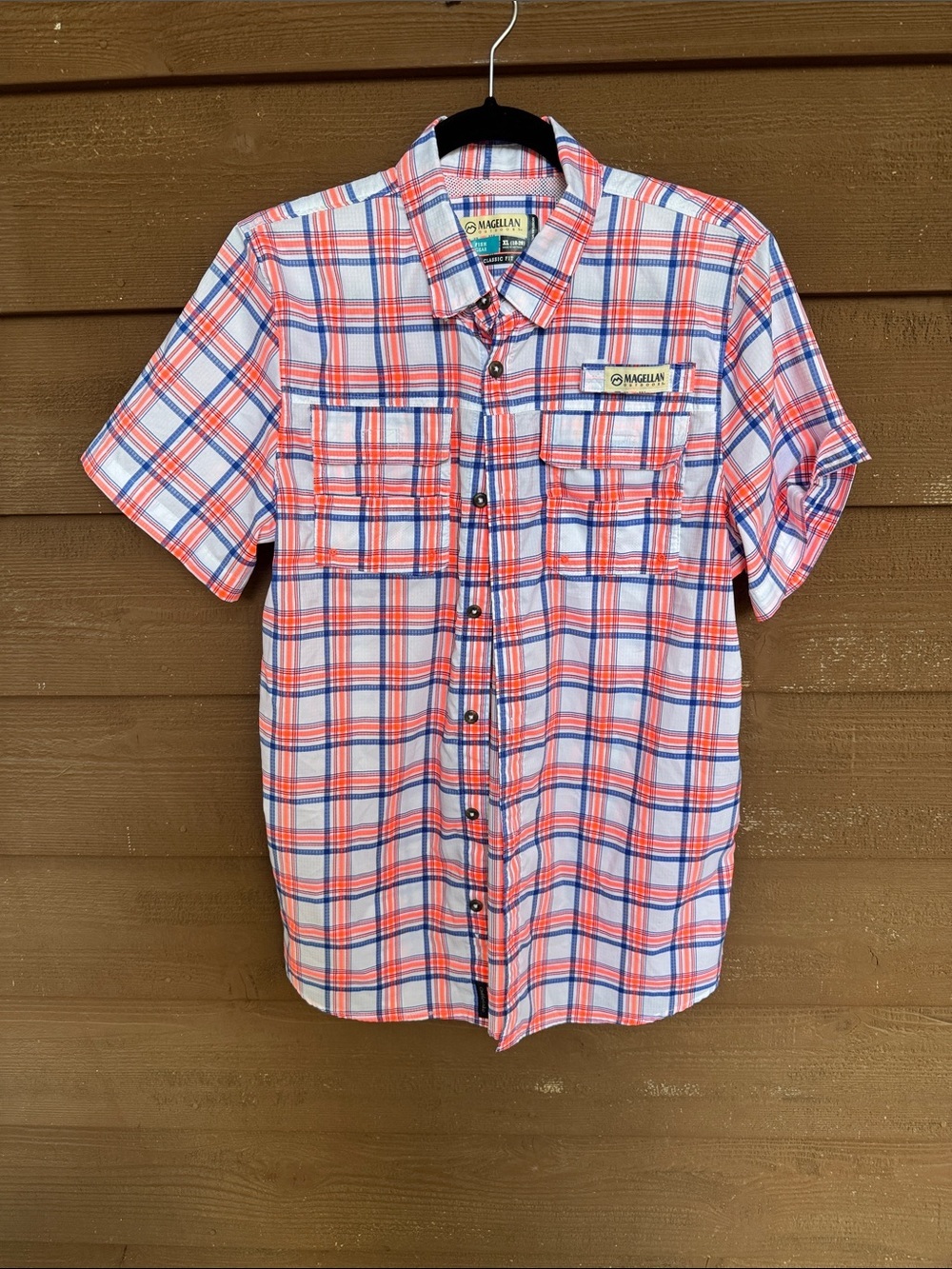 Magellan Outdoors Short-Sleeve Plaid Button-Up Neon Orange, blue size XL (18-20)